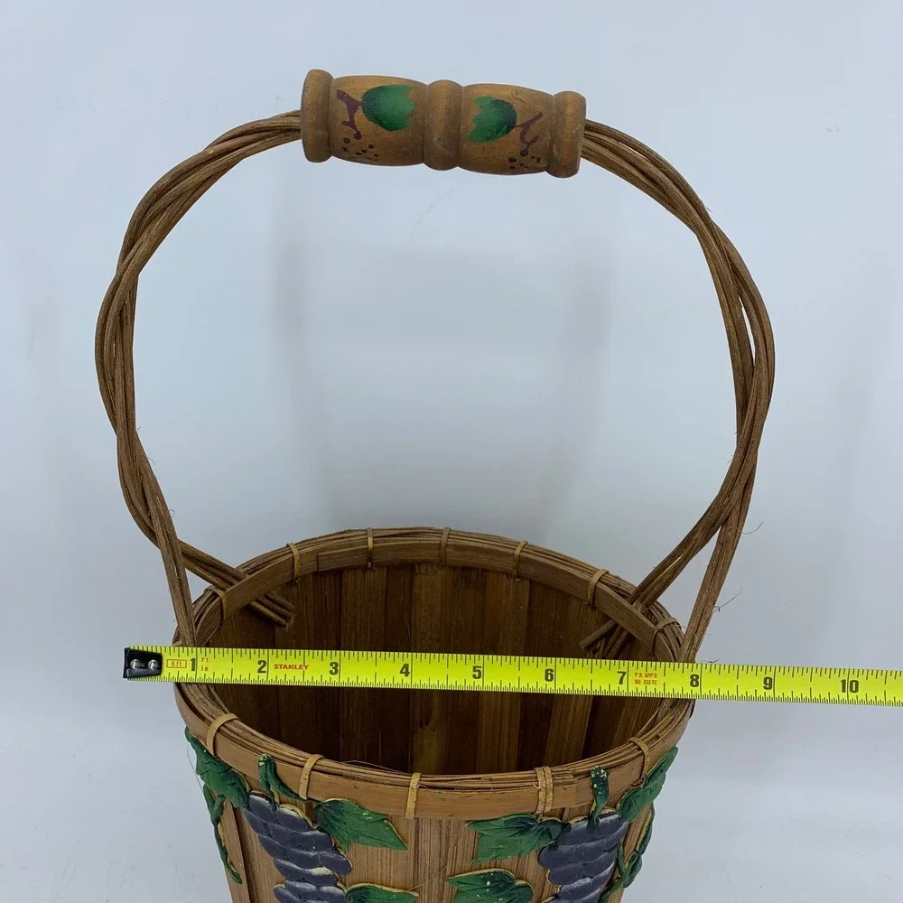 Vtg Woven Bamboo Grape Basket Cottagecore Painted Fruit Decor Rustic Country